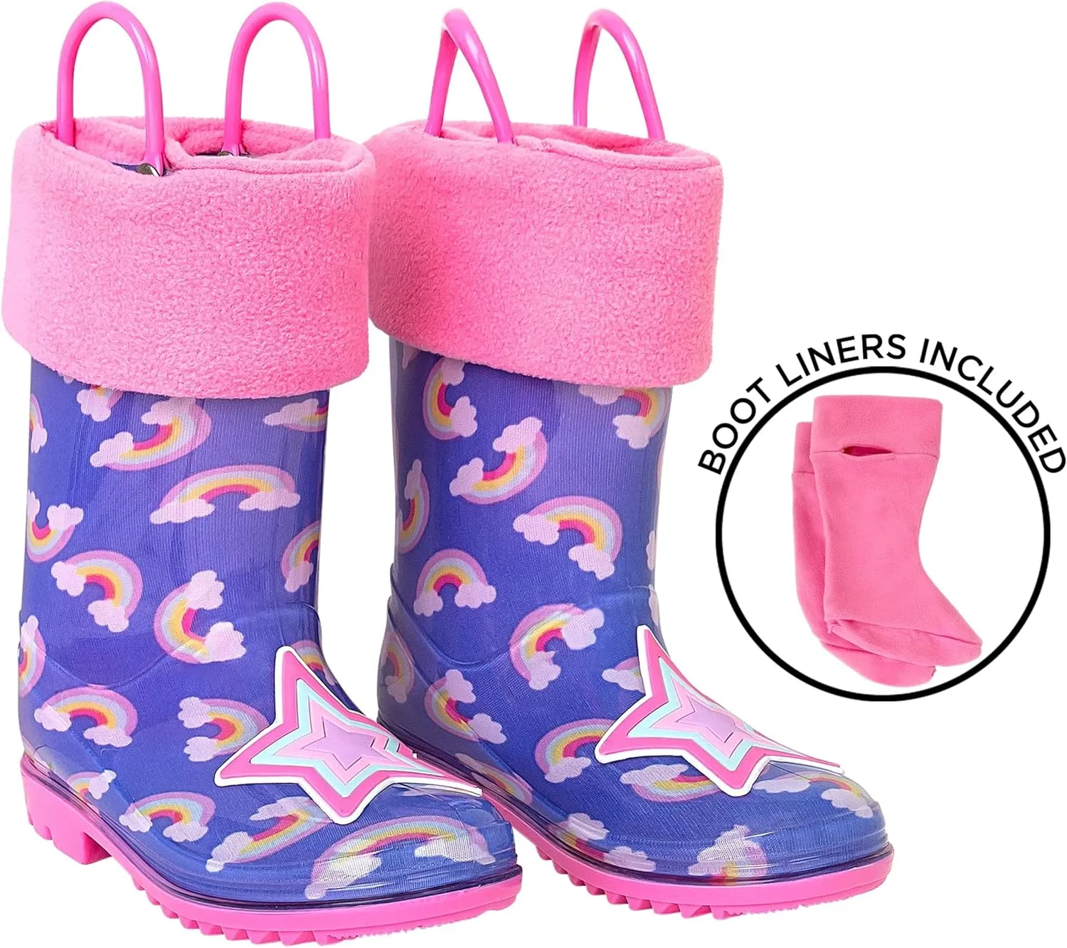 Toddler Rain Boots, Kids Rain Boots Waterproof Rubber Boots for Girls and Boys with Sock, Fun Patterns, Easy-On Handles 8-12