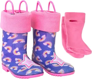Toddler Rain Boots, Kids Rain Boots Waterproof Rubber Boots for Girls and Boys with Sock, Fun Patterns, Easy-On Handles 8-12
