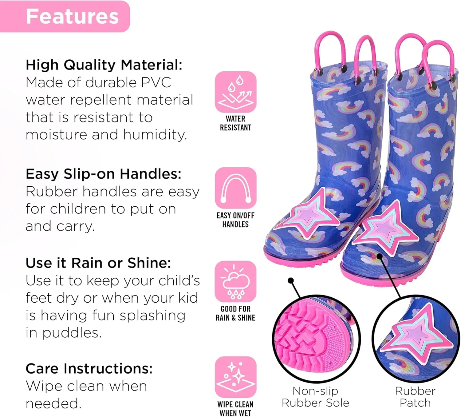Toddler Rain Boots, Kids Rain Boots Waterproof Rubber Boots for Girls and Boys with Sock, Fun Patterns, Easy-On Handles 8-12