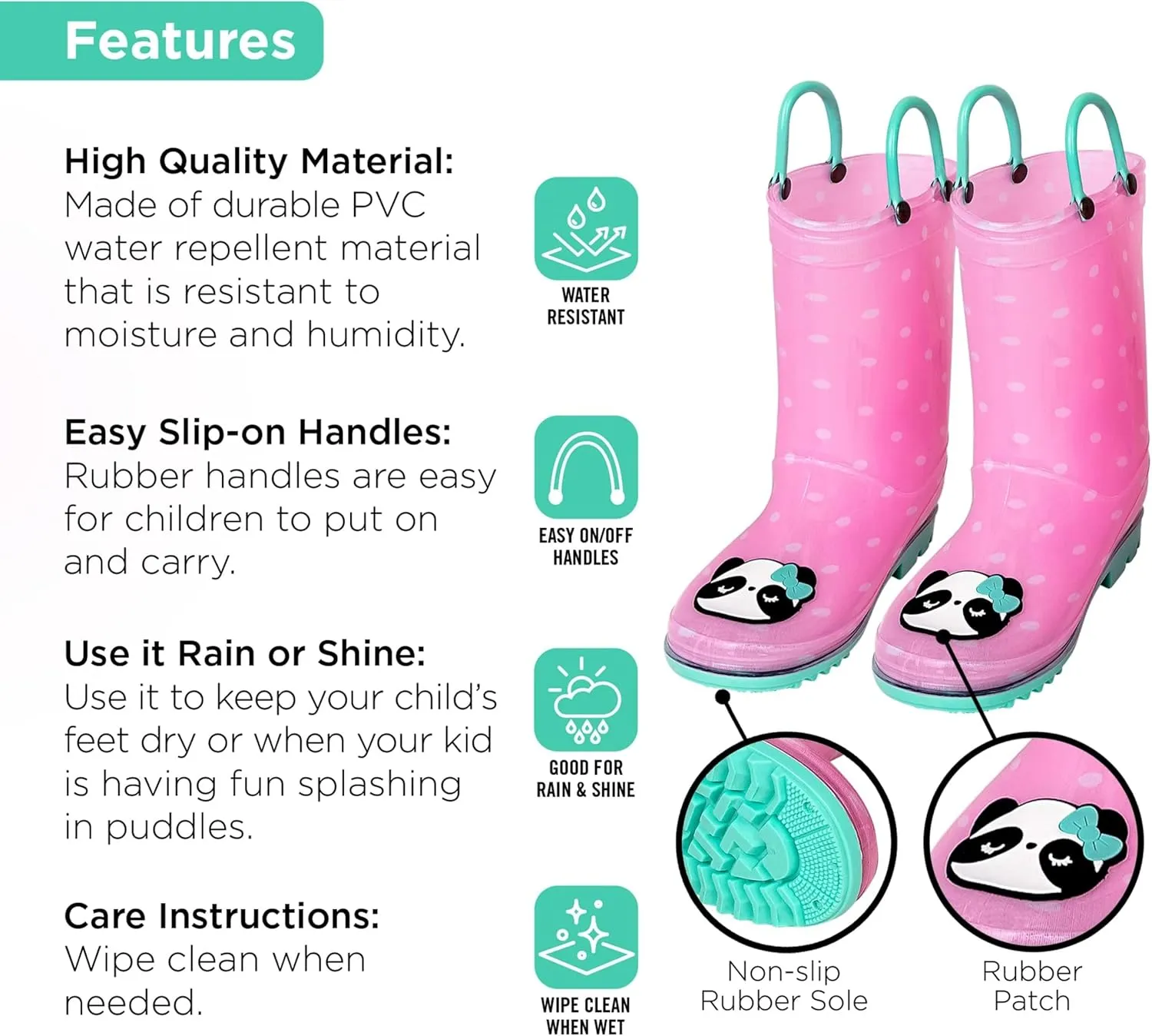 Toddler Rain Boots, Kids Rain Boots Waterproof Rubber Boots for Girls and Boys with Sock, Fun Patterns, Easy-On Handles 8-12