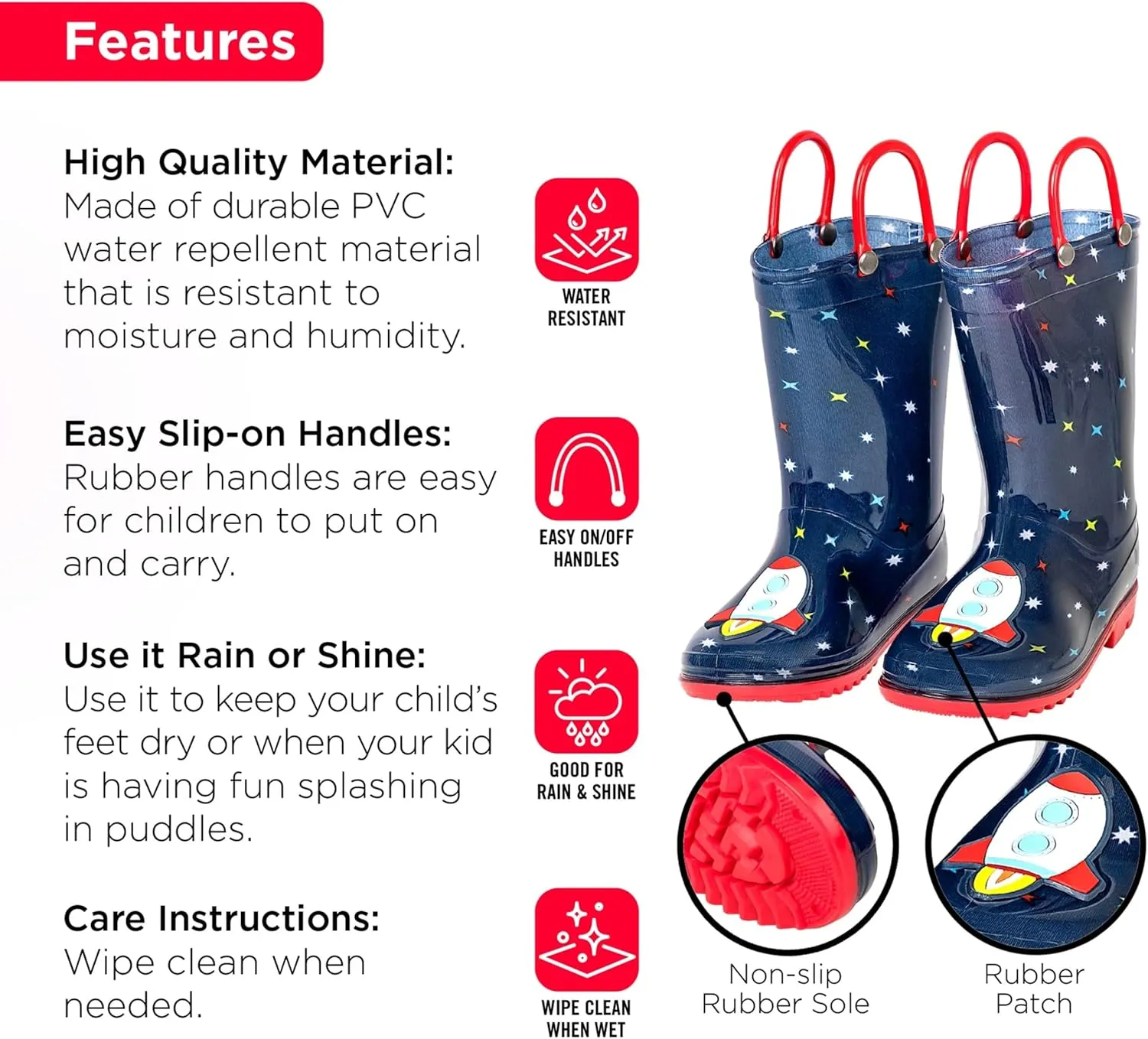 Toddler Rain Boots, Kids Rain Boots Waterproof Rubber Boots for Girls and Boys with Sock, Fun Patterns, Easy-On Handles 8-12