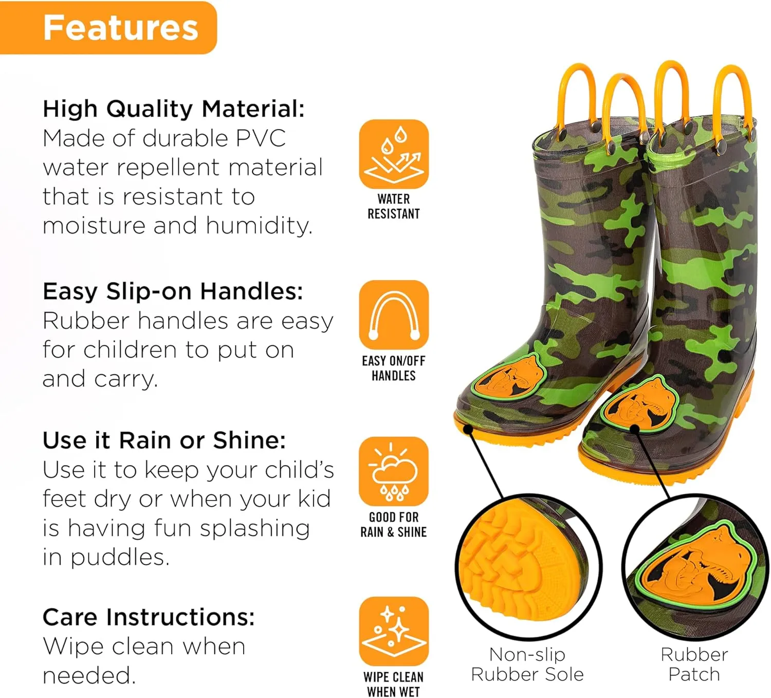 Toddler Rain Boots, Kids Rain Boots Waterproof Rubber Boots for Girls and Boys with Sock, Fun Patterns, Easy-On Handles 8-12