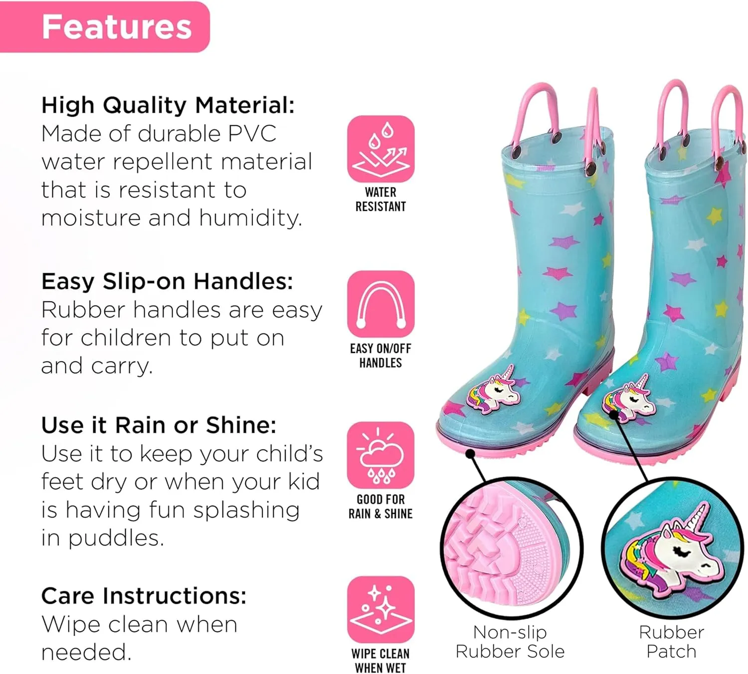 Toddler Rain Boots, Kids Rain Boots Waterproof Rubber Boots for Girls and Boys with Sock, Fun Patterns, Easy-On Handles 8-12