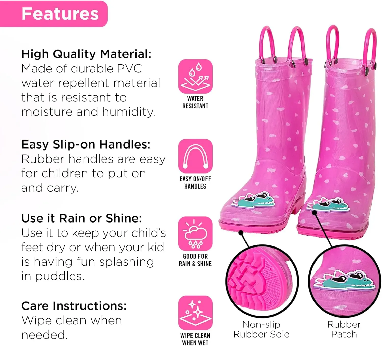 Toddler Rain Boots, Kids Rain Boots Waterproof Rubber Boots for Girls and Boys with Sock, Fun Patterns, Easy-On Handles 8-12