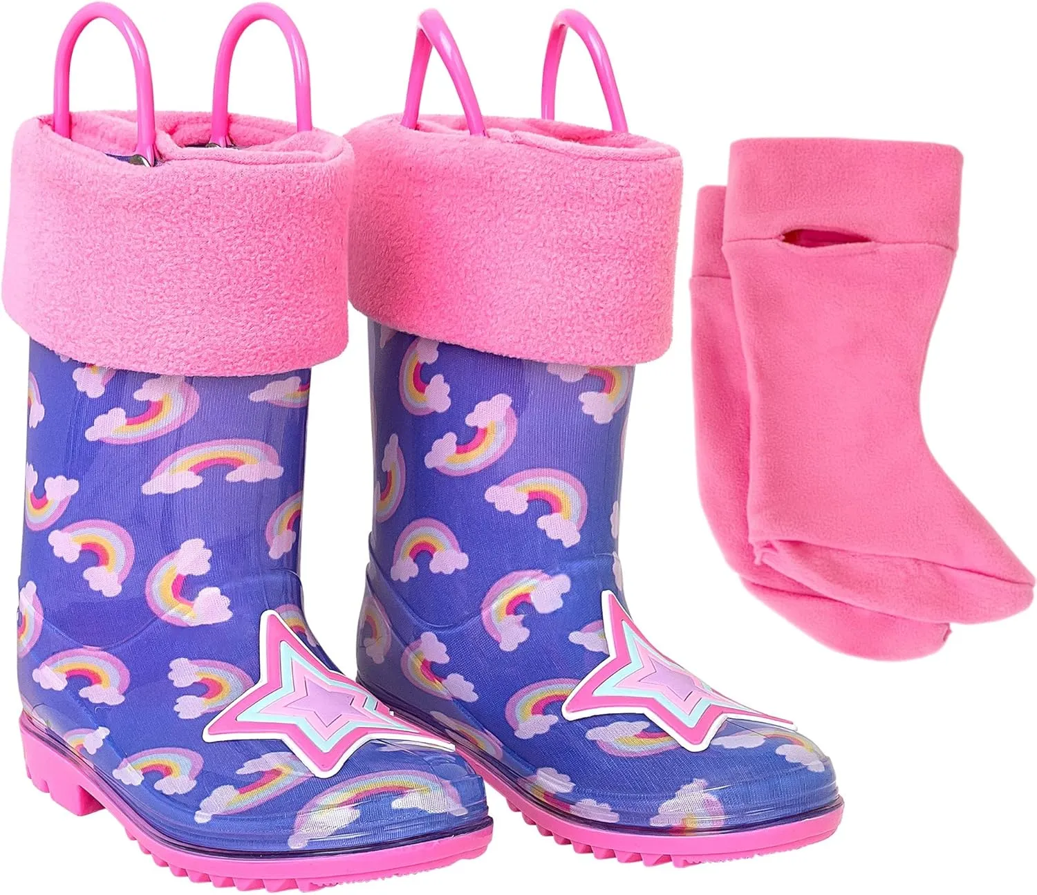 Toddler Rain Boots, Kids Rain Boots Waterproof Rubber Boots for Girls and Boys with Sock, Fun Patterns, Easy-On Handles 8-12