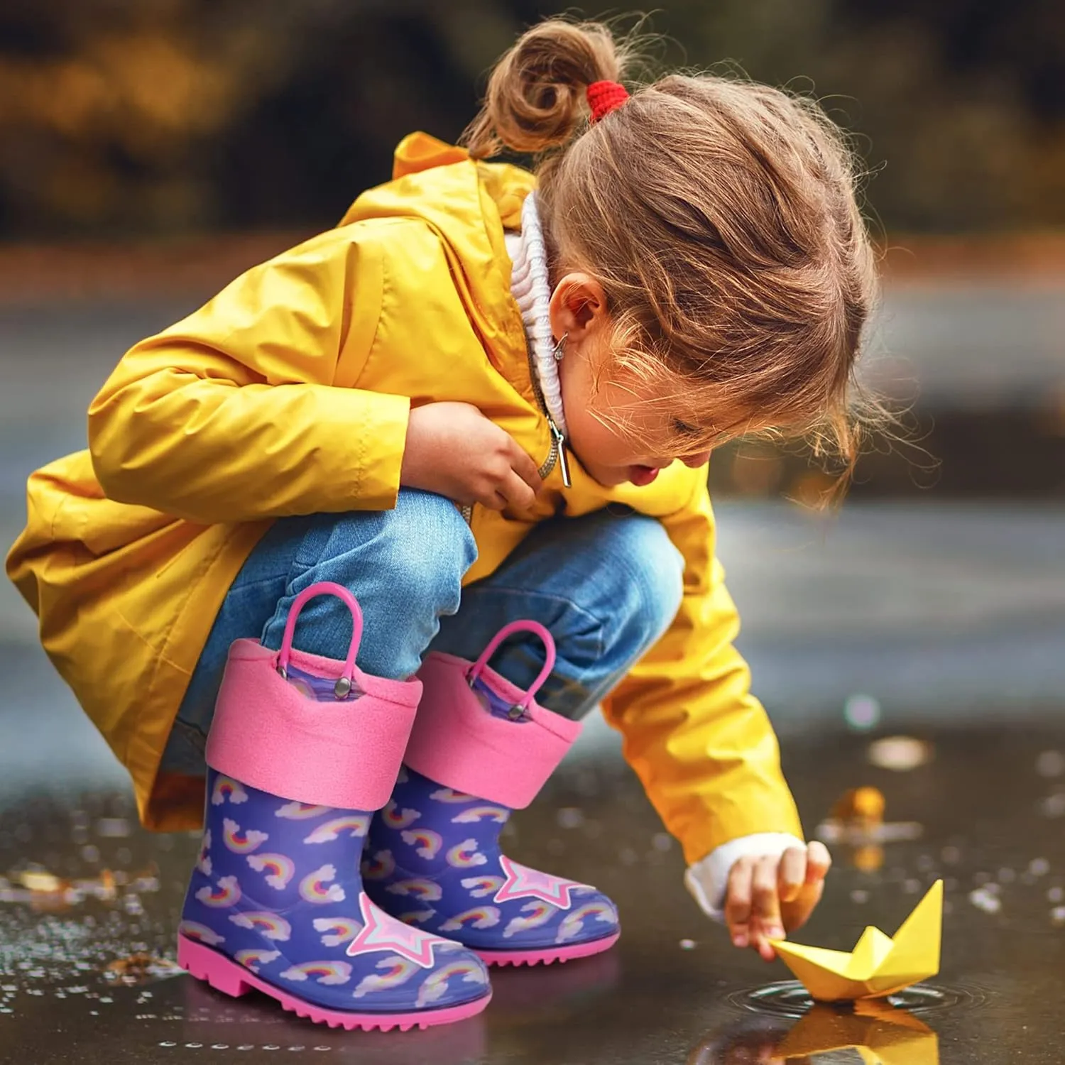 Toddler Rain Boots, Kids Rain Boots Waterproof Rubber Boots for Girls and Boys with Sock, Fun Patterns, Easy-On Handles 8-12