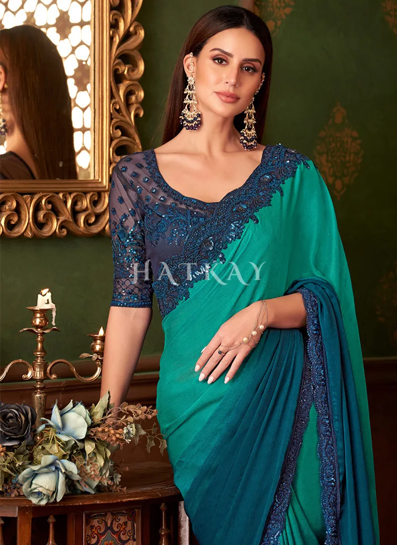 Turquoise Blue Ombré Embroidery Designer Saree