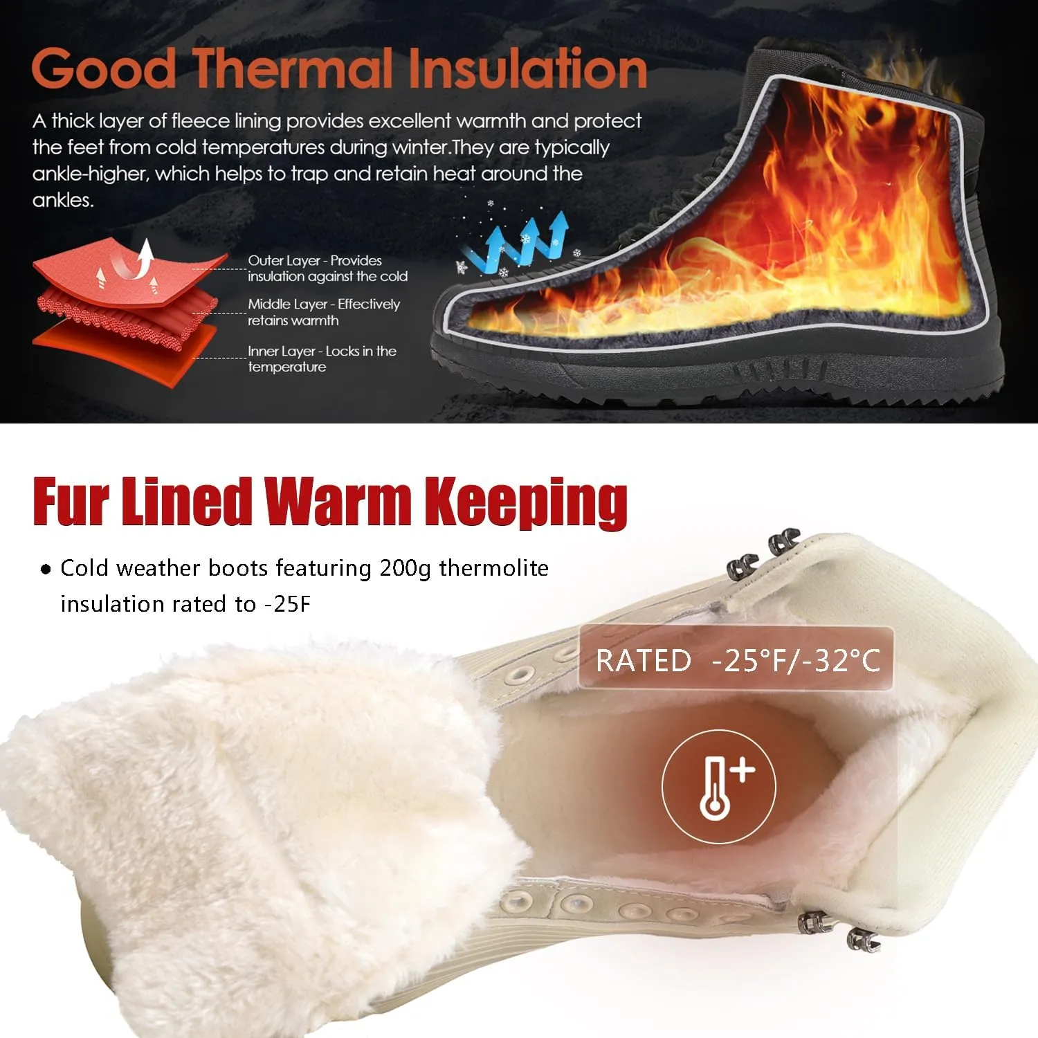 ulogu Snow Boots for Men WomenInsulated Waterproof Fur Lined BootiesNon Slip Lightweight Winter Shoes