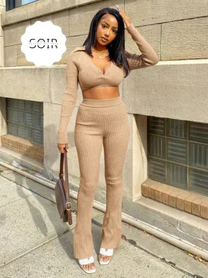V-Neck Collard Crop Top Flared Pants Two Piece Set