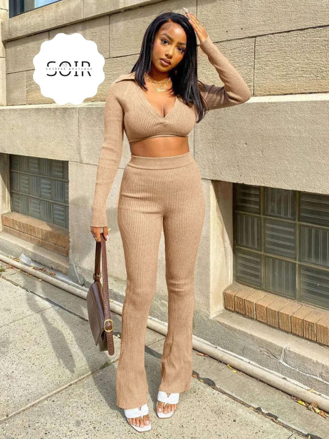 V-Neck Collard Crop Top Flared Pants Two Piece Set