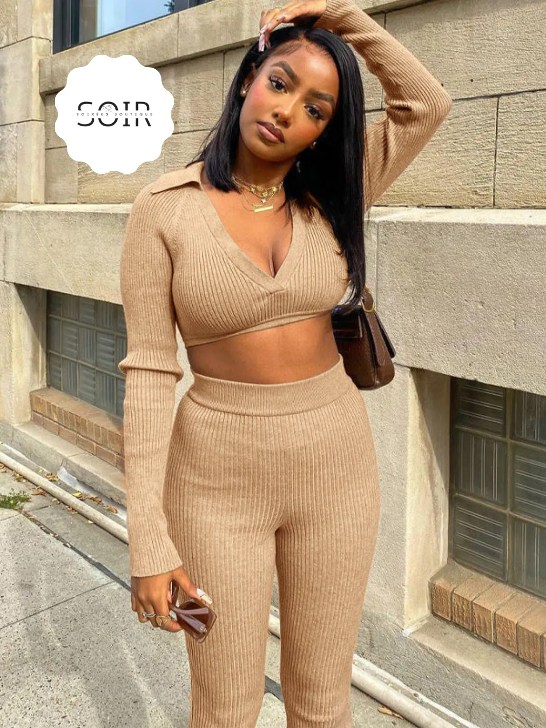 V-Neck Collard Crop Top Flared Pants Two Piece Set