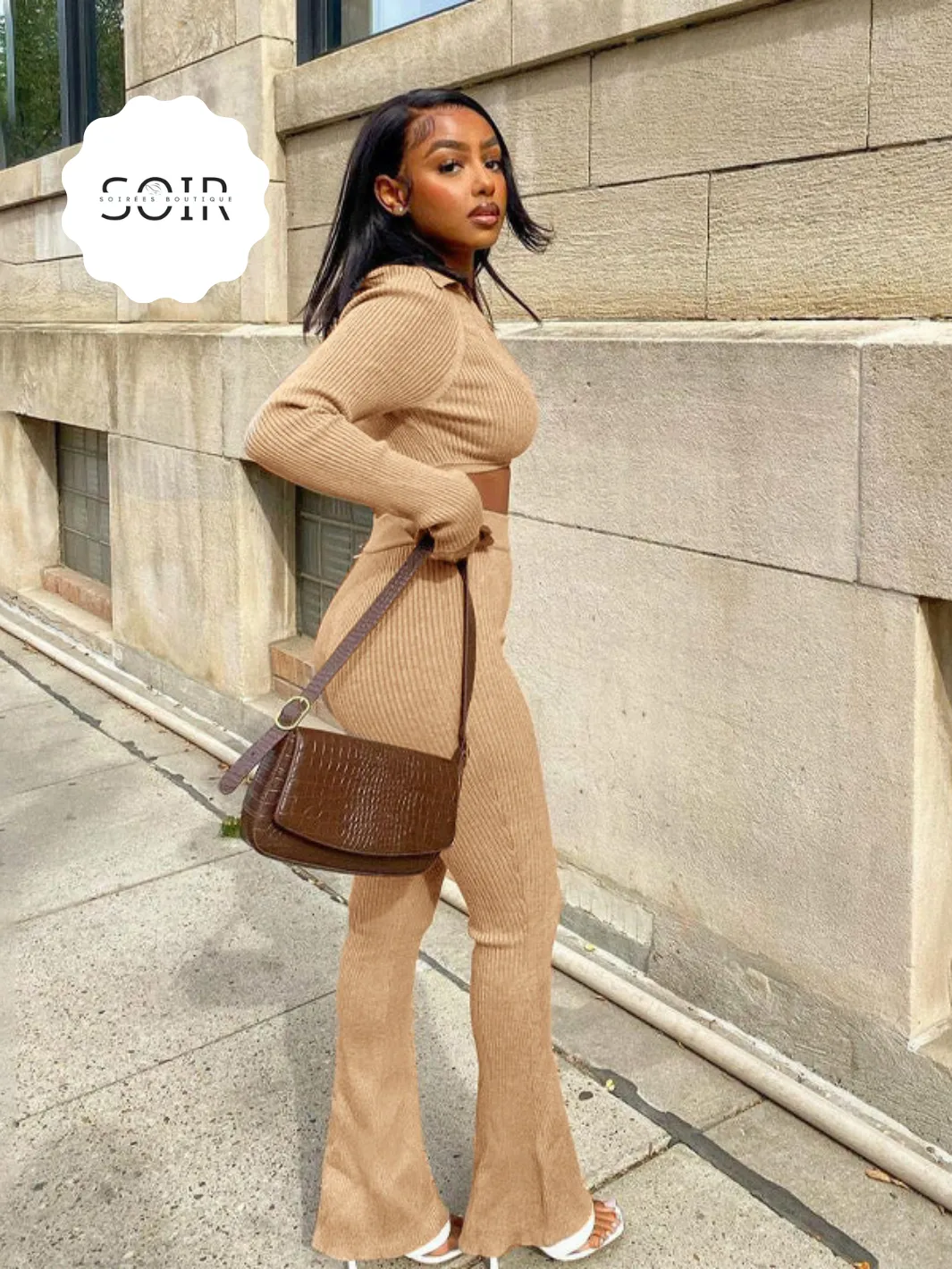 V-Neck Collard Crop Top Flared Pants Two Piece Set