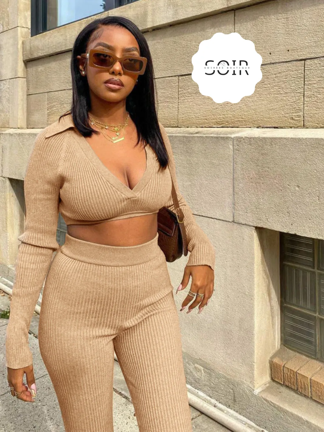 V-Neck Collard Crop Top Flared Pants Two Piece Set