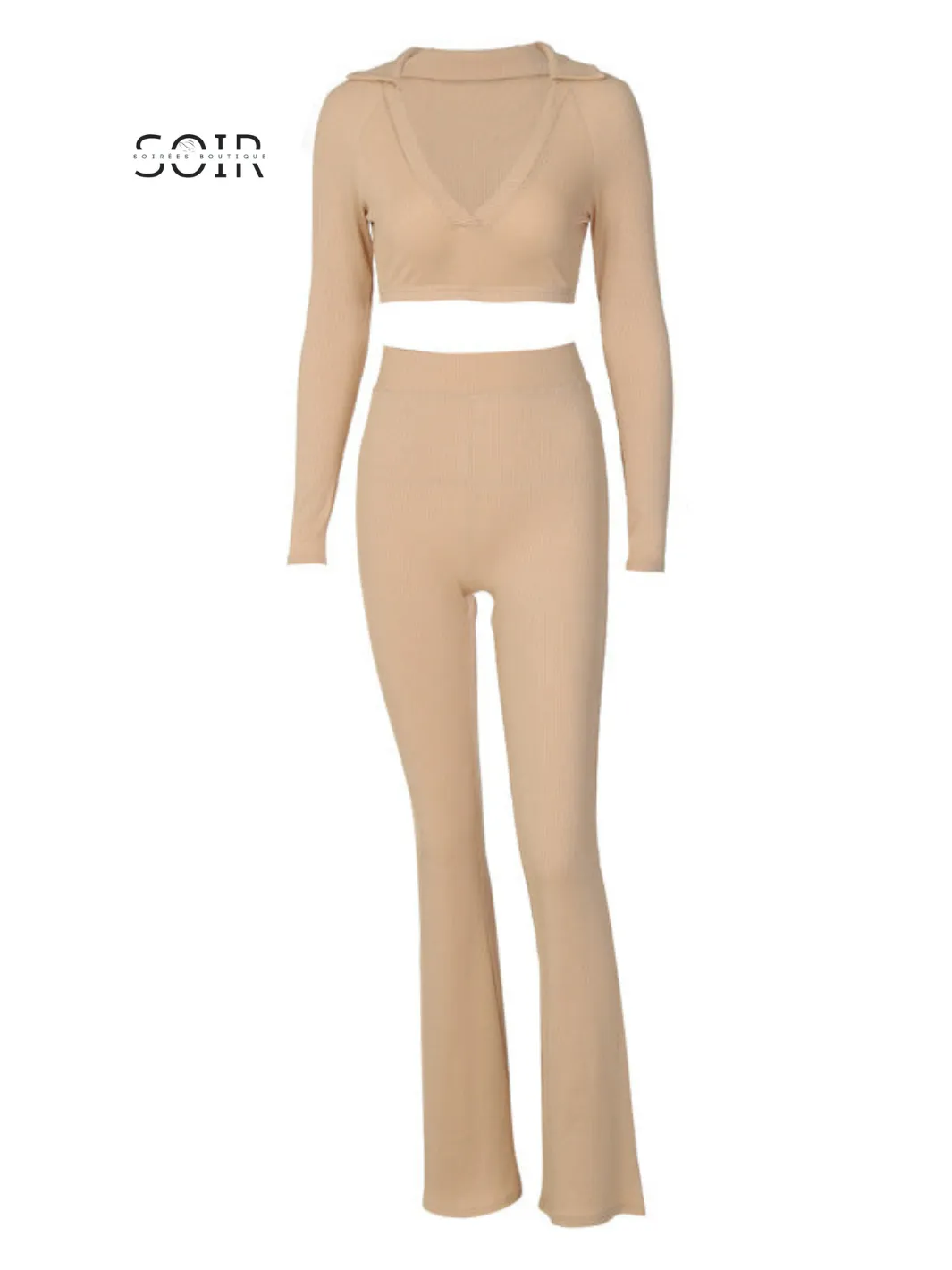 V-Neck Collard Crop Top Flared Pants Two Piece Set