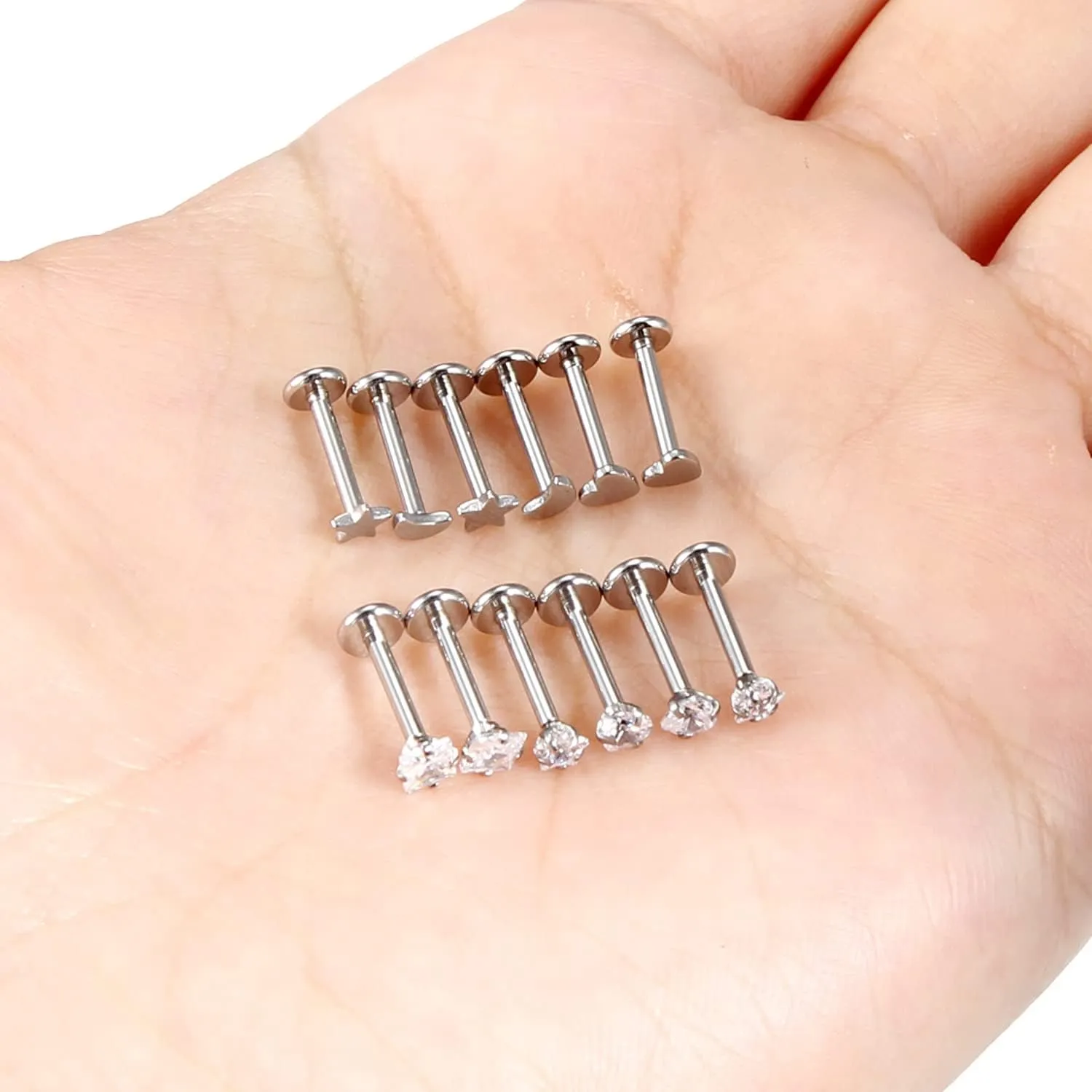 Vsnnsns 16G 18G 20G Threadless Push in Lip Rings Stainless Steel Flat Back Nose Rings Studs Earrings Tragus Helix Conch Cartilage Lobe Earrings Stud Piercing Jewelry for Women Men 6 Pairs