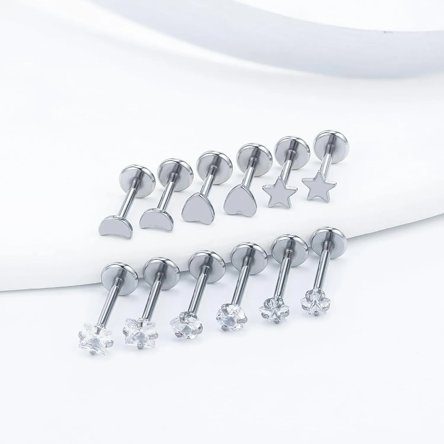 Vsnnsns 16G 18G 20G Threadless Push in Lip Rings Stainless Steel Flat Back Nose Rings Studs Earrings Tragus Helix Conch Cartilage Lobe Earrings Stud Piercing Jewelry for Women Men 6 Pairs