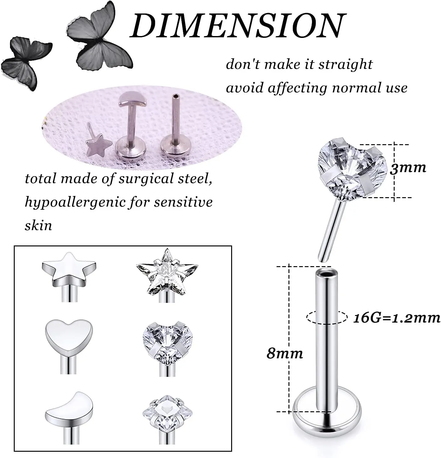 Vsnnsns 16G 18G 20G Threadless Push in Lip Rings Stainless Steel Flat Back Nose Rings Studs Earrings Tragus Helix Conch Cartilage Lobe Earrings Stud Piercing Jewelry for Women Men 6 Pairs