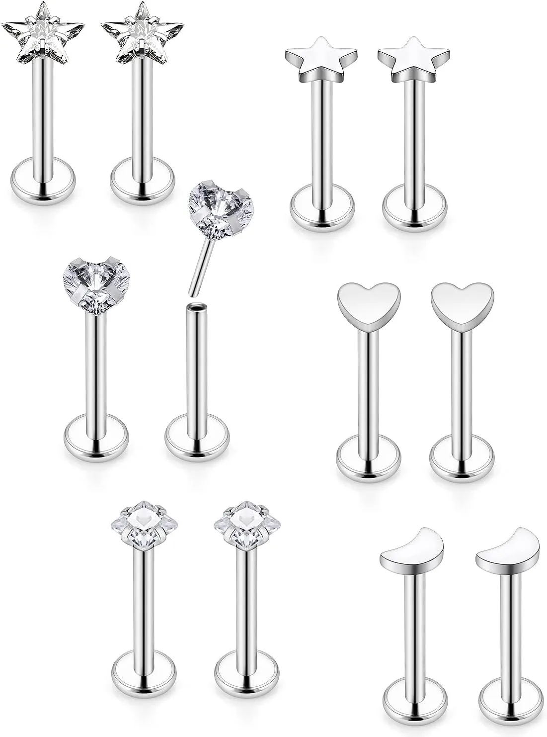 Vsnnsns 16G 18G 20G Threadless Push in Lip Rings Stainless Steel Flat Back Nose Rings Studs Earrings Tragus Helix Conch Cartilage Lobe Earrings Stud Piercing Jewelry for Women Men 6 Pairs