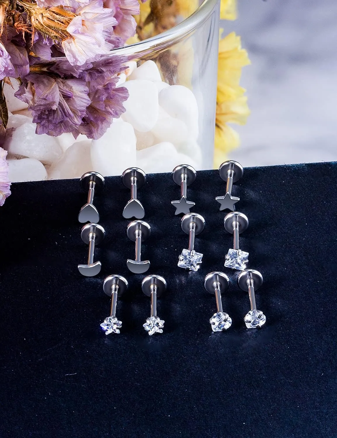Vsnnsns 16G 18G 20G Threadless Push in Lip Rings Stainless Steel Flat Back Nose Rings Studs Earrings Tragus Helix Conch Cartilage Lobe Earrings Stud Piercing Jewelry for Women Men 6 Pairs