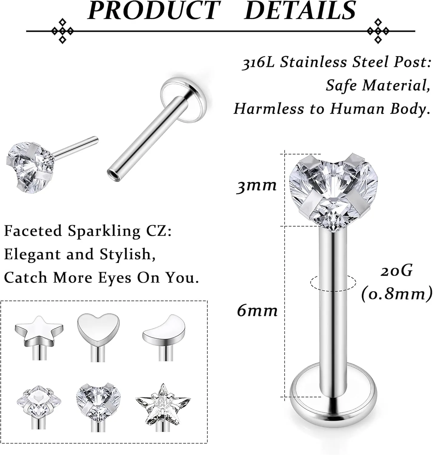 Vsnnsns 16G 18G 20G Threadless Push in Lip Rings Stainless Steel Flat Back Nose Rings Studs Earrings Tragus Helix Conch Cartilage Lobe Earrings Stud Piercing Jewelry for Women Men 6 Pairs
