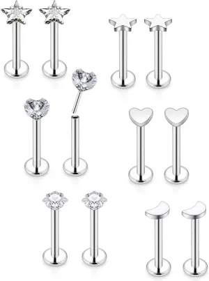 Vsnnsns 16G 18G 20G Threadless Push in Lip Rings Stainless Steel Flat Back Nose Rings Studs Earrings Tragus Helix Conch Cartilage Lobe Earrings Stud Piercing Jewelry for Women Men 6 Pairs