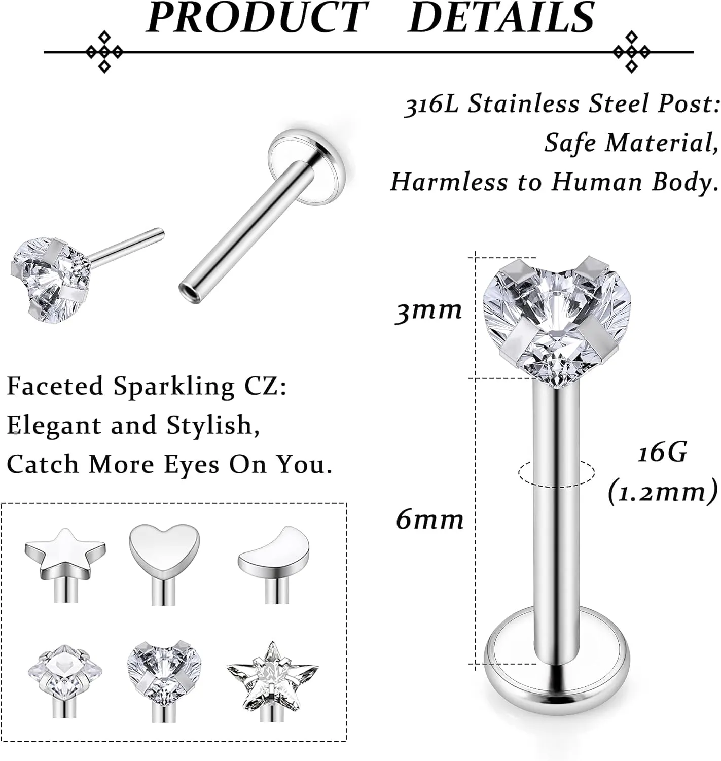 Vsnnsns 16G 18G 20G Threadless Push in Lip Rings Stainless Steel Flat Back Nose Rings Studs Earrings Tragus Helix Conch Cartilage Lobe Earrings Stud Piercing Jewelry for Women Men 6 Pairs