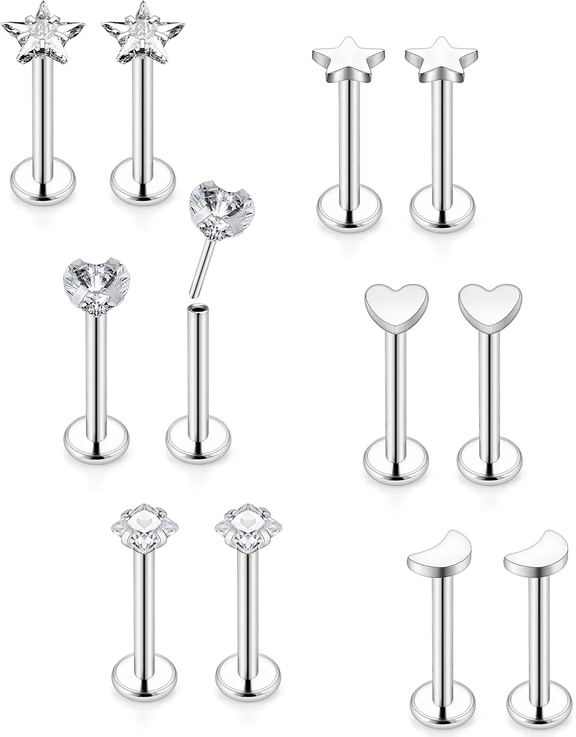 Vsnnsns 16G 18G 20G Threadless Push in Lip Rings Stainless Steel Flat Back Nose Rings Studs Earrings Tragus Helix Conch Cartilage Lobe Earrings Stud Piercing Jewelry for Women Men 6 Pairs