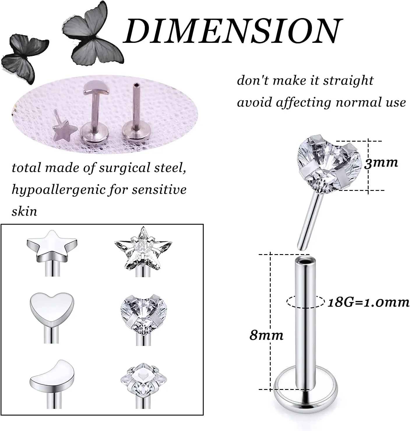 Vsnnsns 16G 18G 20G Threadless Push in Lip Rings Stainless Steel Flat Back Nose Rings Studs Earrings Tragus Helix Conch Cartilage Lobe Earrings Stud Piercing Jewelry for Women Men 6 Pairs