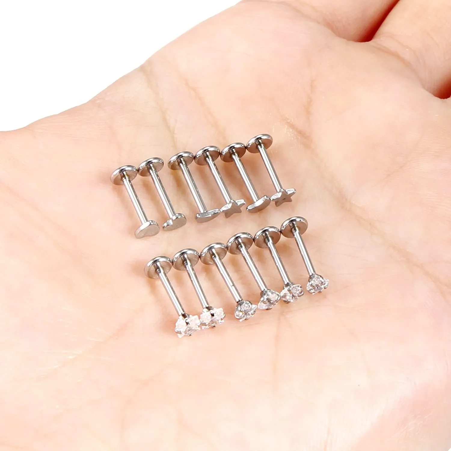 Vsnnsns 16G 18G 20G Threadless Push in Lip Rings Stainless Steel Flat Back Nose Rings Studs Earrings Tragus Helix Conch Cartilage Lobe Earrings Stud Piercing Jewelry for Women Men 6 Pairs