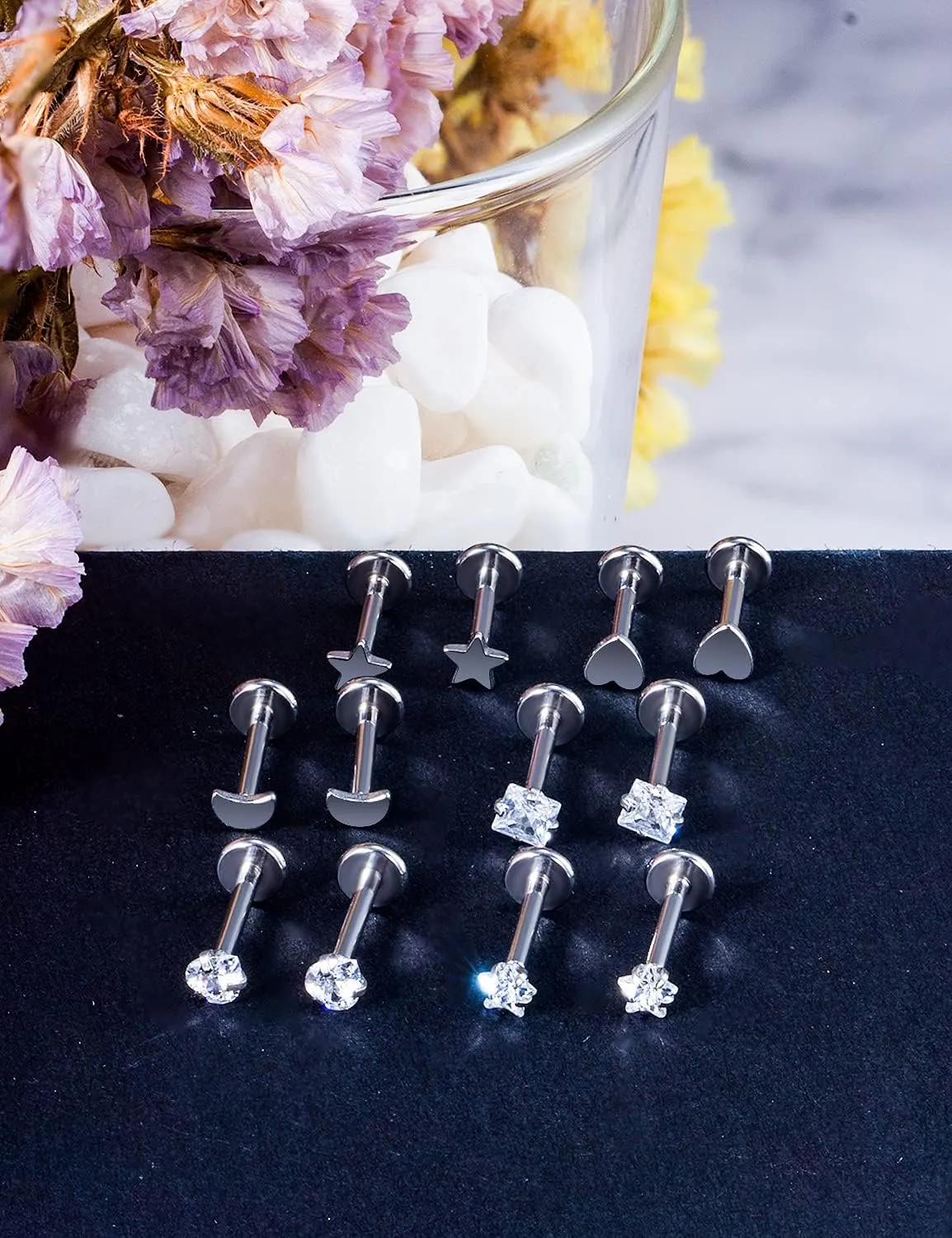 Vsnnsns 16G 18G 20G Threadless Push in Lip Rings Stainless Steel Flat Back Nose Rings Studs Earrings Tragus Helix Conch Cartilage Lobe Earrings Stud Piercing Jewelry for Women Men 6 Pairs