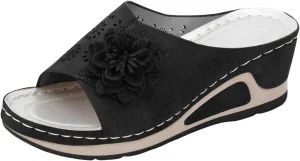 Wedge Sandals for Women Hollow Out Flower Sandal Women's Leather Soft Insole Orthopedic Arch Support Sandals Bohemian Casual Comfy Slides Flat Beach Shoes Moccasins Dressy Open-Toe Wedge Sandal