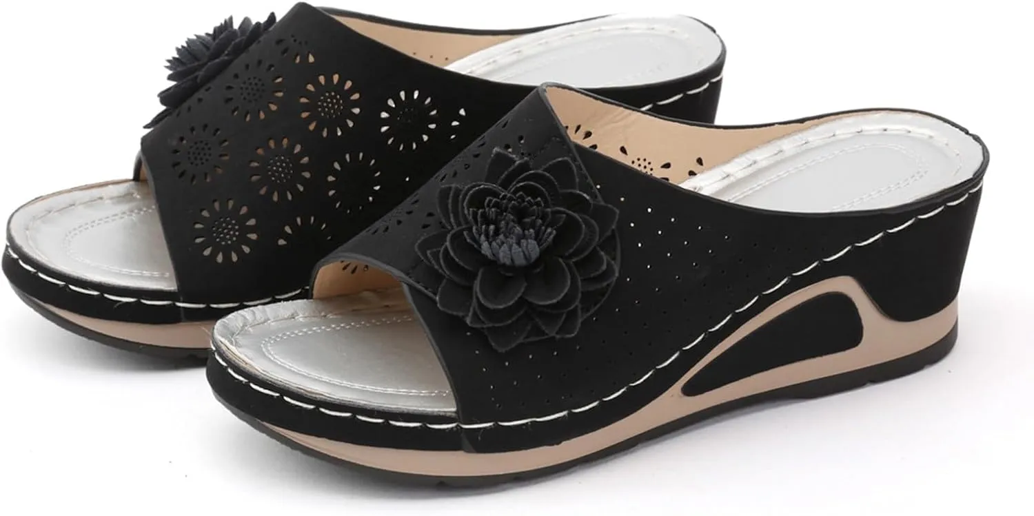 Wedge Sandals for Women Hollow Out Flower Sandal Women's Leather Soft Insole Orthopedic Arch Support Sandals Bohemian Casual Comfy Slides Flat Beach Shoes Moccasins Dressy Open-Toe Wedge Sandal
