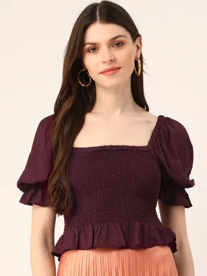 Wine Smocking Puff Sleeve Top