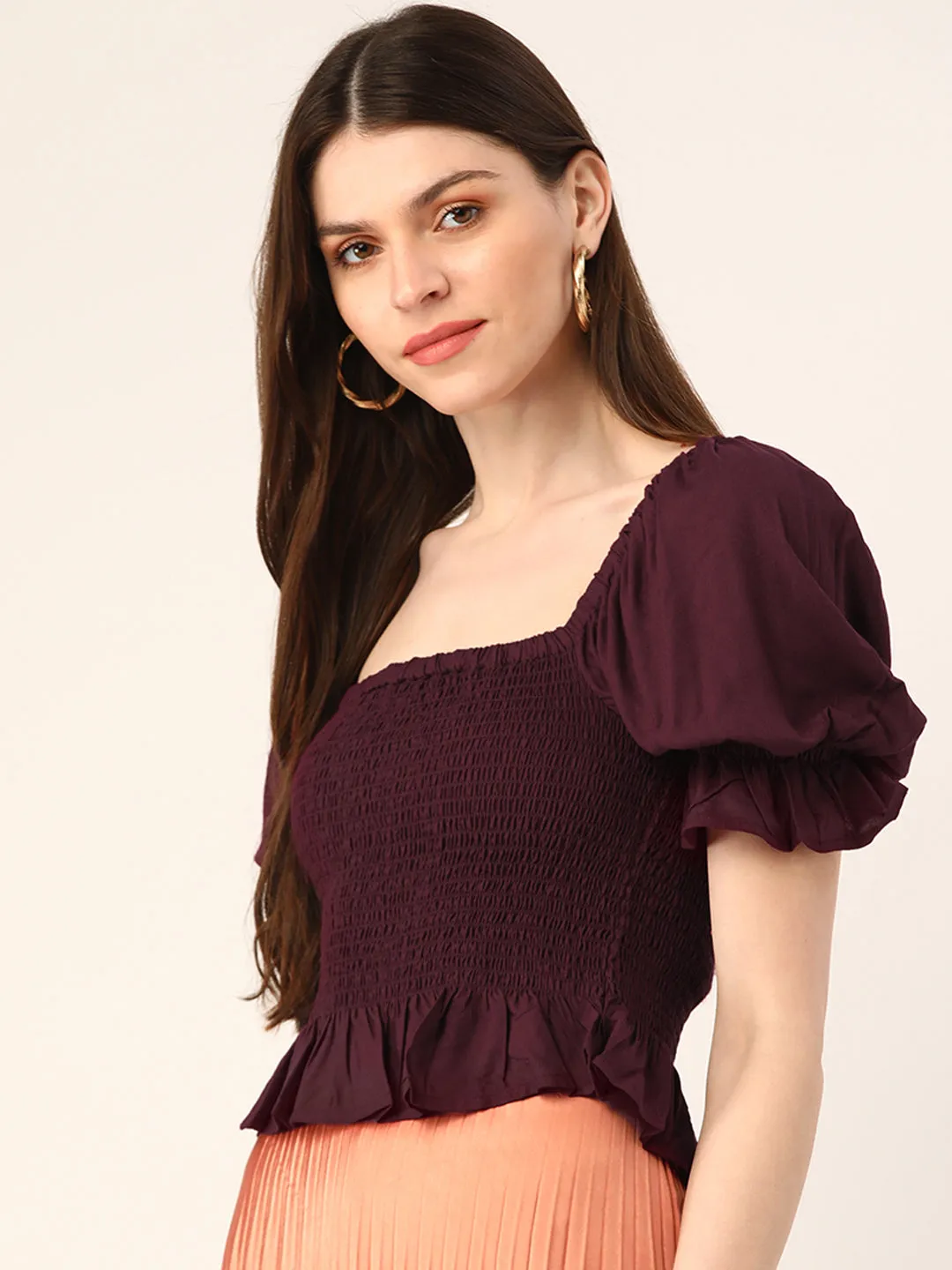 Wine Smocking Puff Sleeve Top