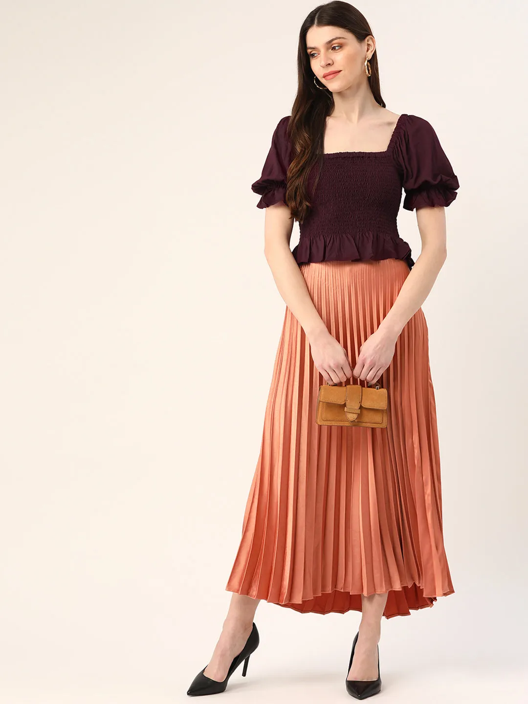 Wine Smocking Puff Sleeve Top