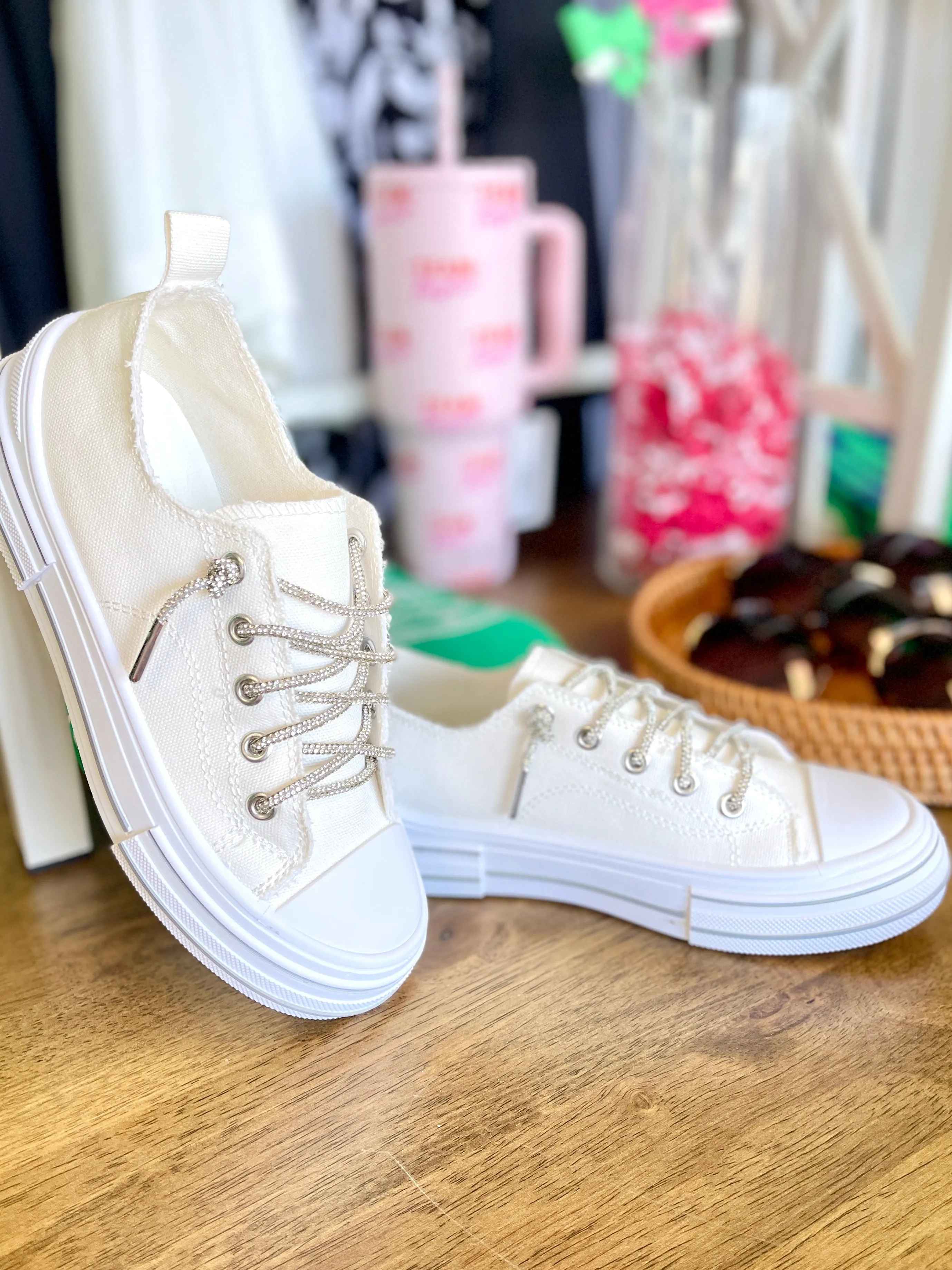 Woman's White Sneakers With Rhinestone Laces