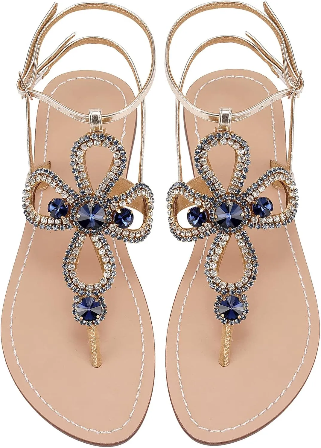 Women Rhinestone Flat Sandals Ankle Strap Summer Gold Silver Gladiator Shiny Gem Sandals Dressy Bridal Beach Bohemian Rhinestone Sandals For Wedding