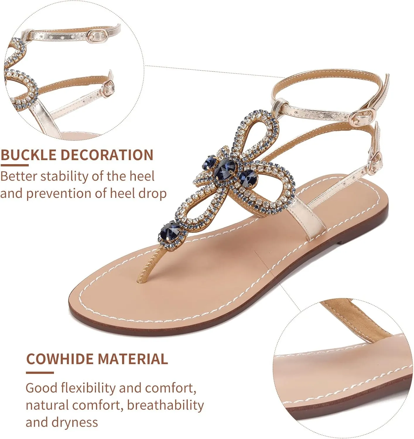 Women Rhinestone Flat Sandals Ankle Strap Summer Gold Silver Gladiator Shiny Gem Sandals Dressy Bridal Beach Bohemian Rhinestone Sandals For Wedding