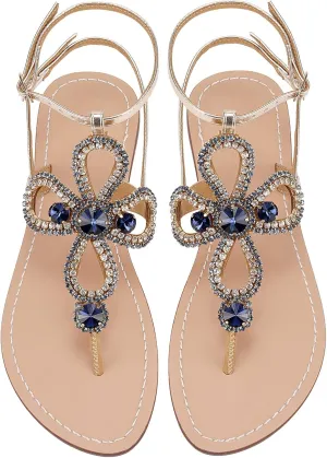 Women Rhinestone Flat Sandals Ankle Strap Summer Gold Silver Gladiator Shiny Gem Sandals Dressy Bridal Beach Bohemian Rhinestone Sandals For Wedding