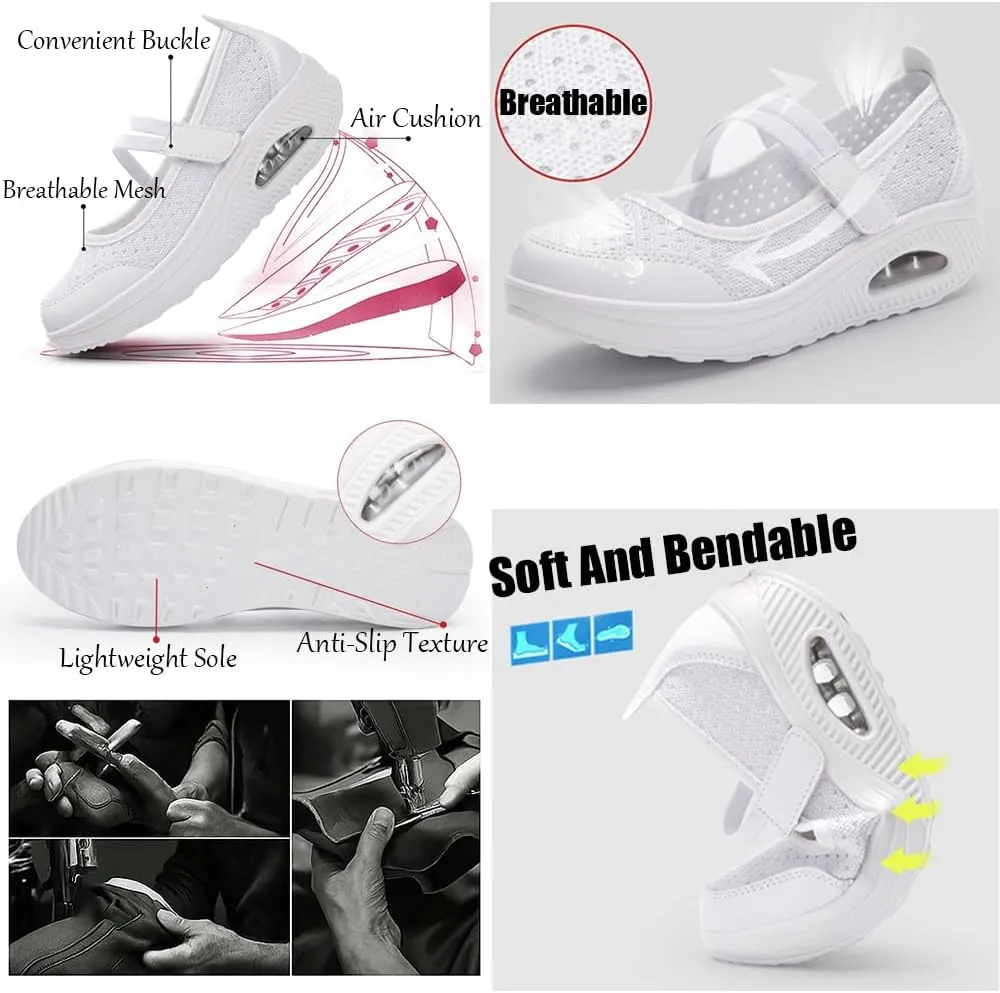 Women's Air Cushion Walking Shoes  Lightweight Breathable Mesh Sneakers with Non-Slip Sole, Adjustable Strap & Arch Support  Comfortable for Work,Nursing,Travel