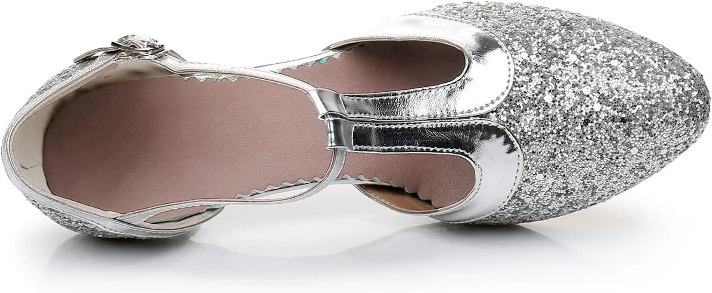 Women's Closed Toe Latin Dance Shoes Professional Ballroom Performance Dance Shoes Womens Glitter Dancing Heels Sandals Ankle Strapy Fashion Solid Mid Heel Shoe