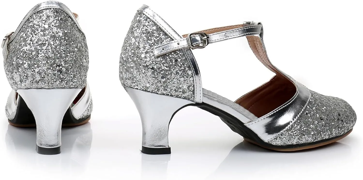 Women's Closed Toe Latin Dance Shoes Professional Ballroom Performance Dance Shoes Womens Glitter Dancing Heels Sandals Ankle Strapy Fashion Solid Mid Heel Shoe