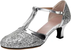 Women's Closed Toe Latin Dance Shoes Professional Ballroom Performance Dance Shoes Womens Glitter Dancing Heels Sandals Ankle Strapy Fashion Solid Mid Heel Shoe