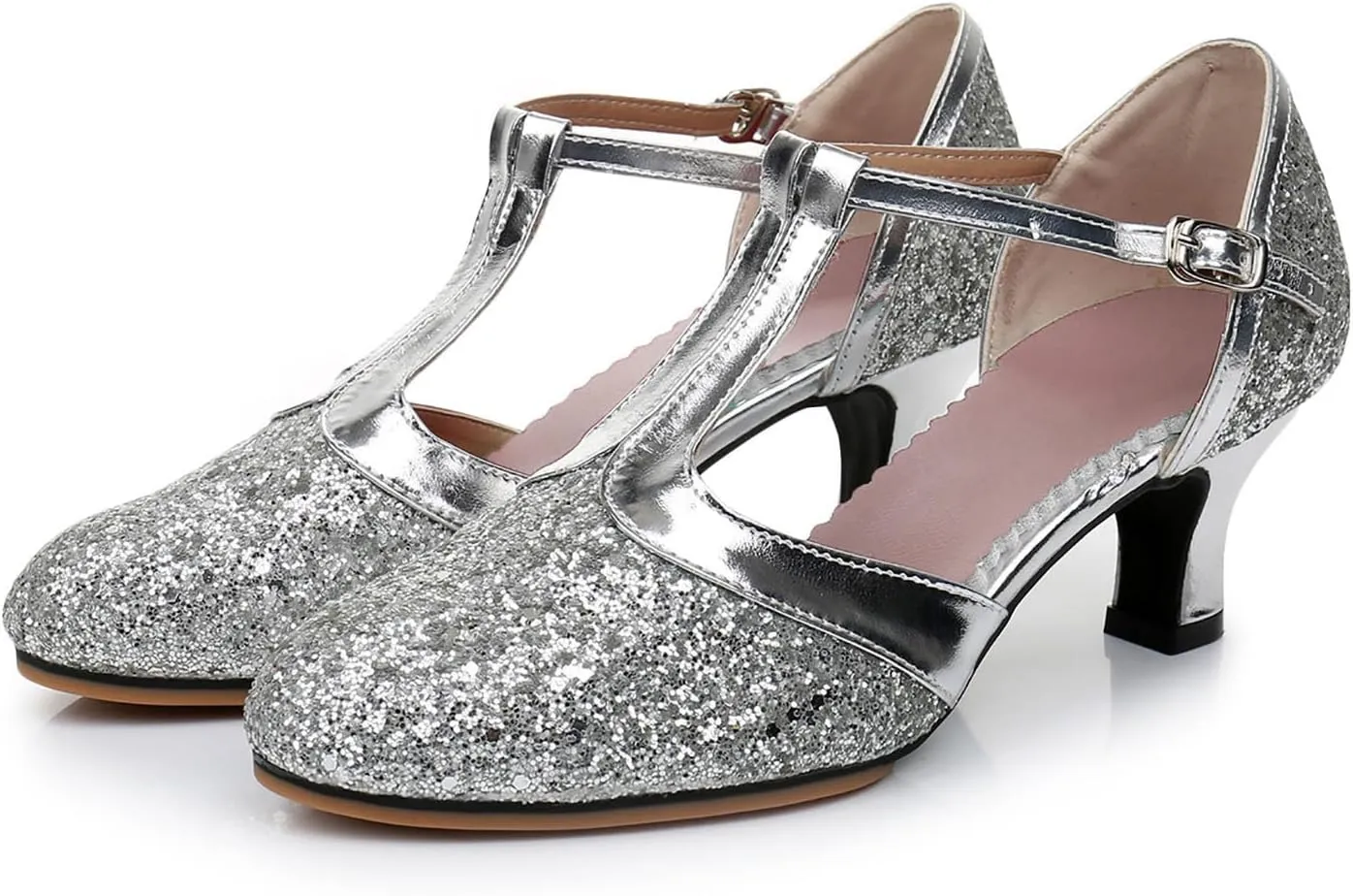 Women's Closed Toe Latin Dance Shoes Professional Ballroom Performance Dance Shoes Womens Glitter Dancing Heels Sandals Ankle Strapy Fashion Solid Mid Heel Shoe