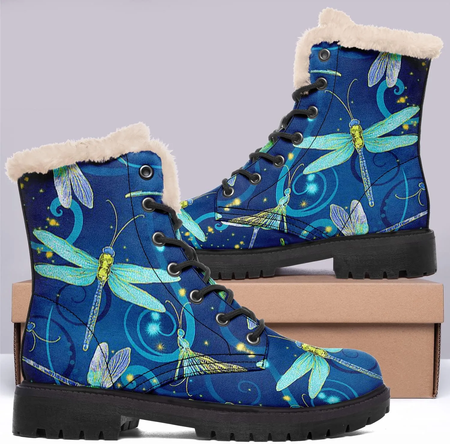 Women's Fur Snow Boots Floral Animal Print Warm Comfortable Winter Ankle Boots Waterproof Vegan Leather Boots