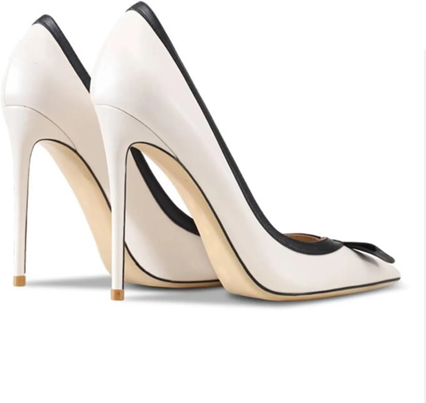 Women's High Heels, Large Size Stiletto Heels 10 CM Courts Shoes Black White Splicing Bow Slip-on Pumps Dress Closed Pointed Toe Dinner Party Prom Wedding, 38 EU,White