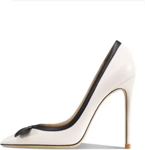 Women's High Heels, Large Size Stiletto Heels 10 CM Courts Shoes Black White Splicing Bow Slip-on Pumps Dress Closed Pointed Toe Dinner Party Prom Wedding, 38 EU,White