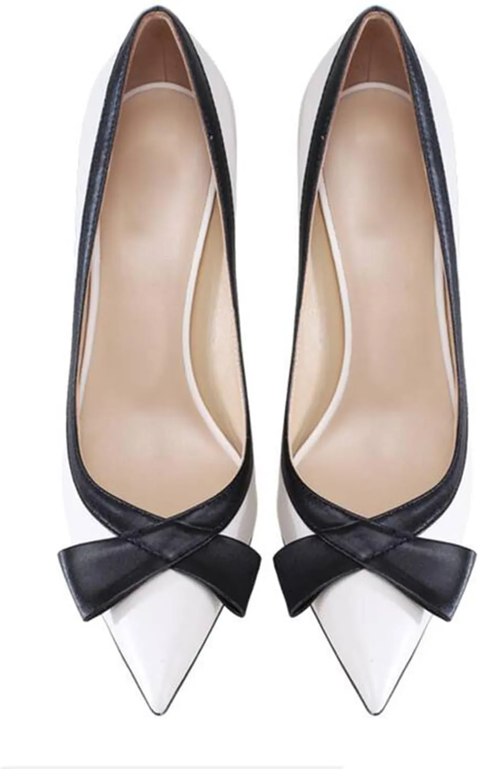 Women's High Heels, Large Size Stiletto Heels 10 CM Courts Shoes Black White Splicing Bow Slip-on Pumps Dress Closed Pointed Toe Dinner Party Prom Wedding, 38 EU,White