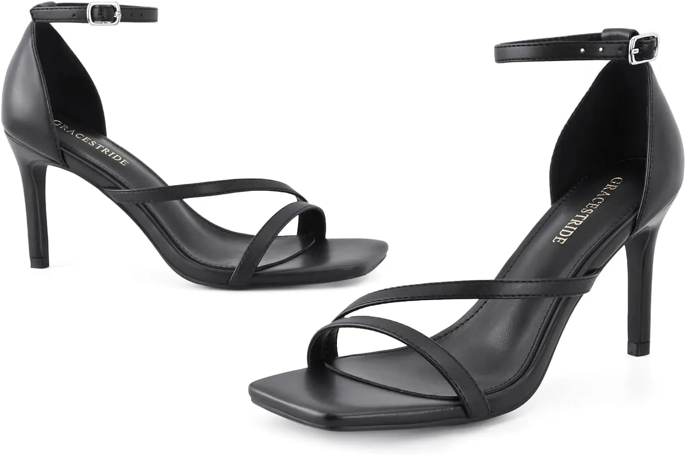 Women's High Heels Stilettos Strappy Heeled Sandals Ankle Buckle Square Toe Comfortable Casual Dress Pumps Shoes