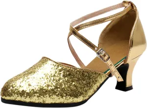 Womens Latin Dance Shoes Heeled Sandals for Women Ballroom Tango Party Sequin Dance Shoes Comfortable Low Heel Wedding Party Glitter Shoe